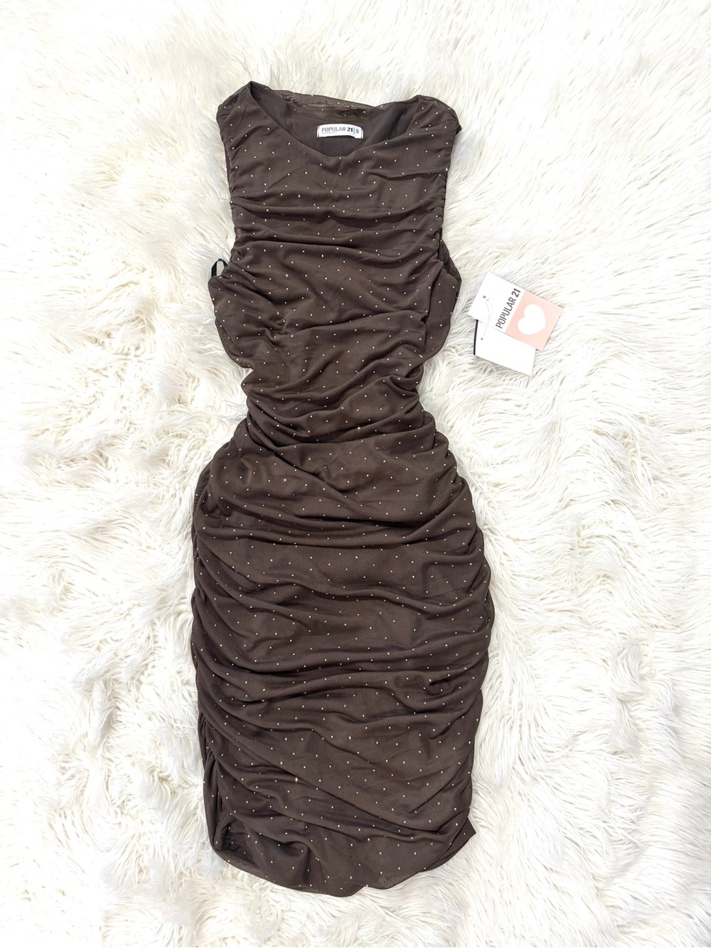 Forever 21 Brown Ruched Midi Dress with Gold Dot Accents